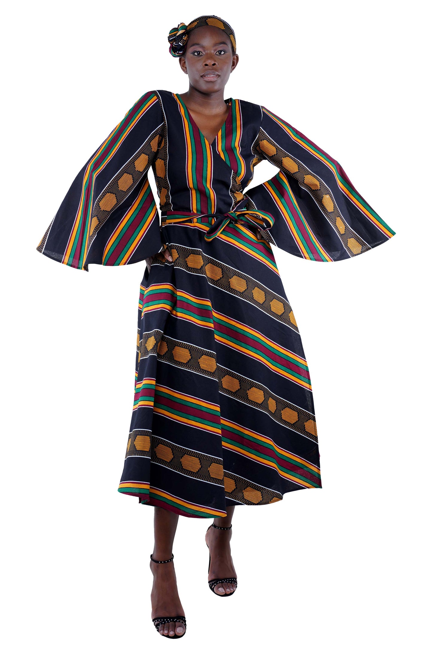 African Long Wrap Dress With Wide Sleeves