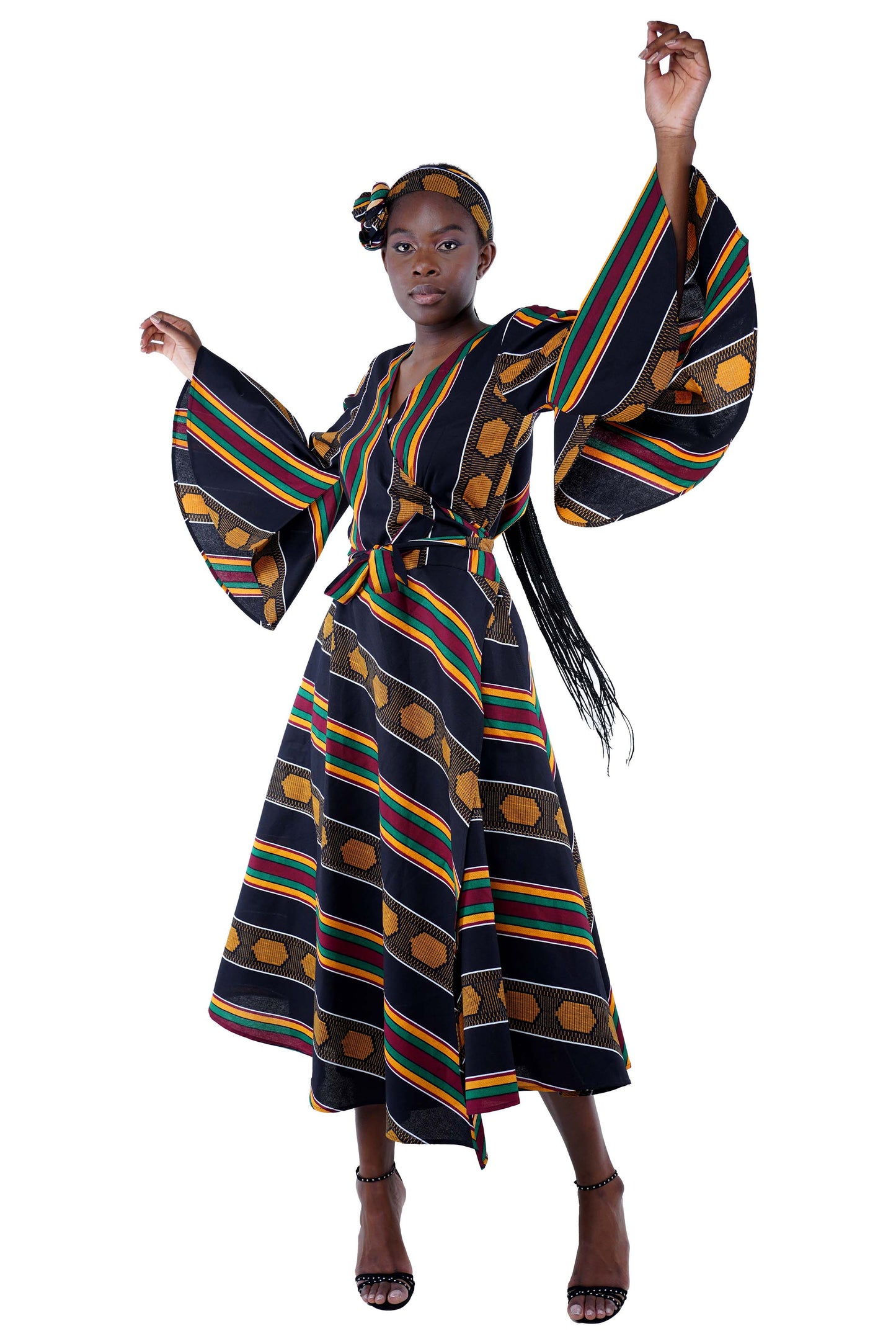 African Long Wrap Dress With Wide Sleeves