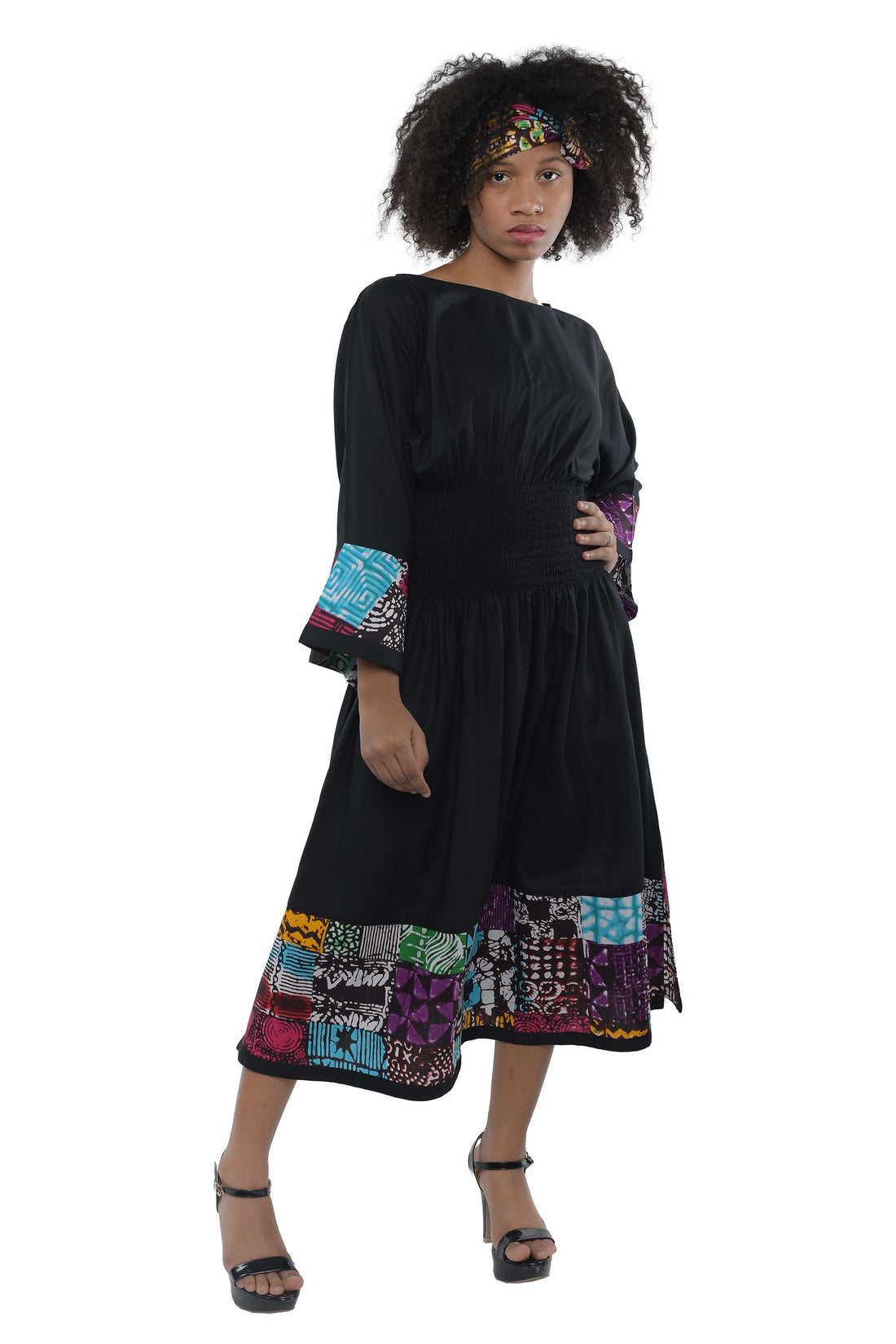 African Trim Black Midi Dress
