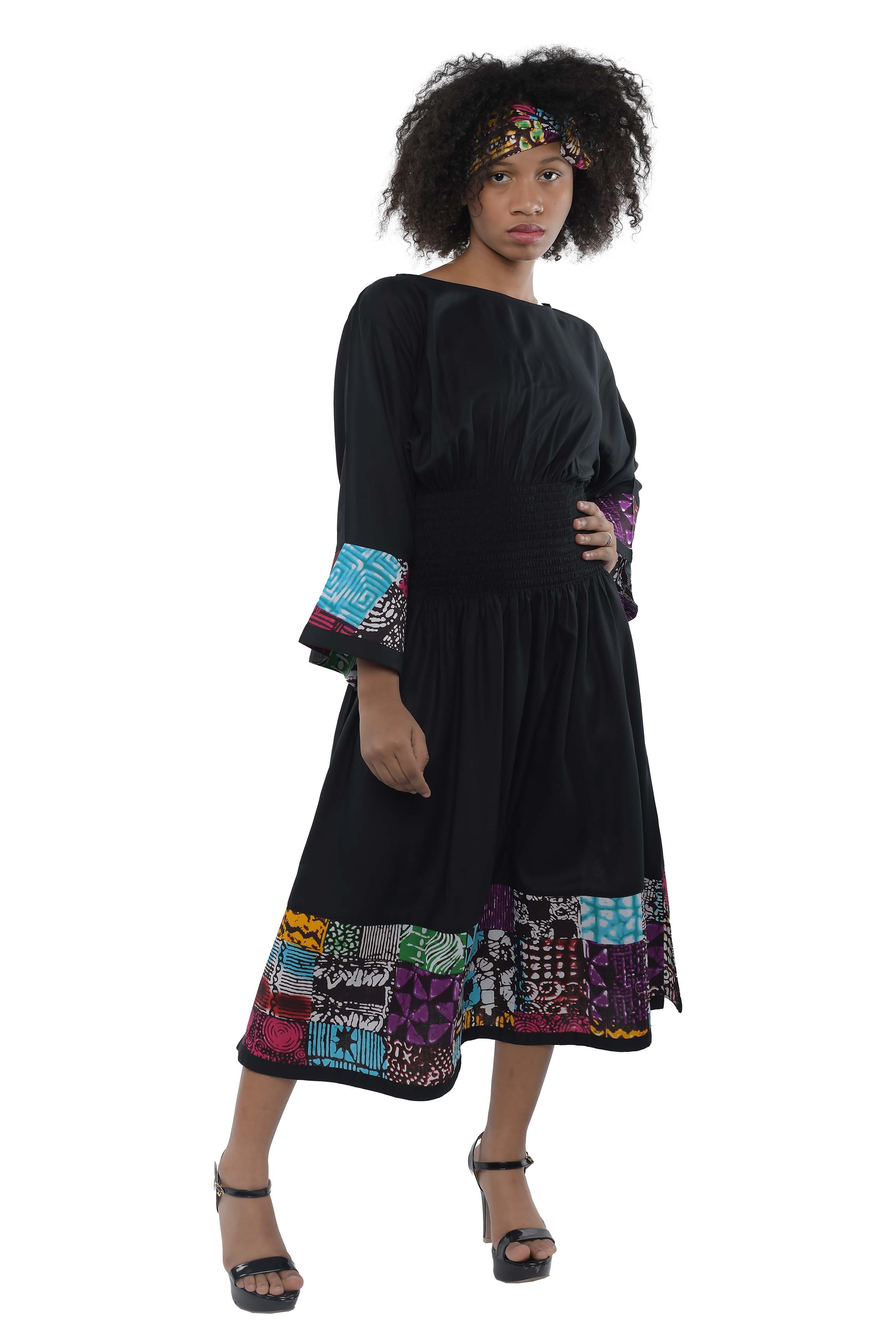 African Trim Black Midi Dress