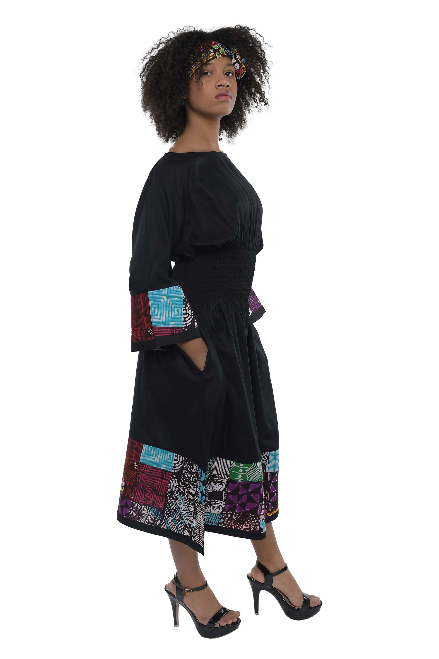 African Trim Black Midi Dress