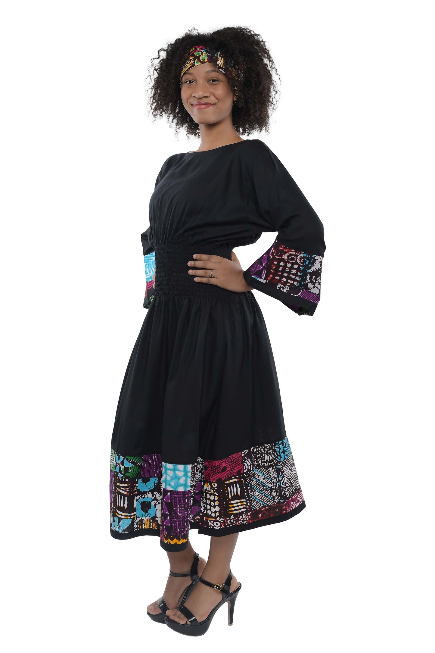 African Trim Black Midi Dress