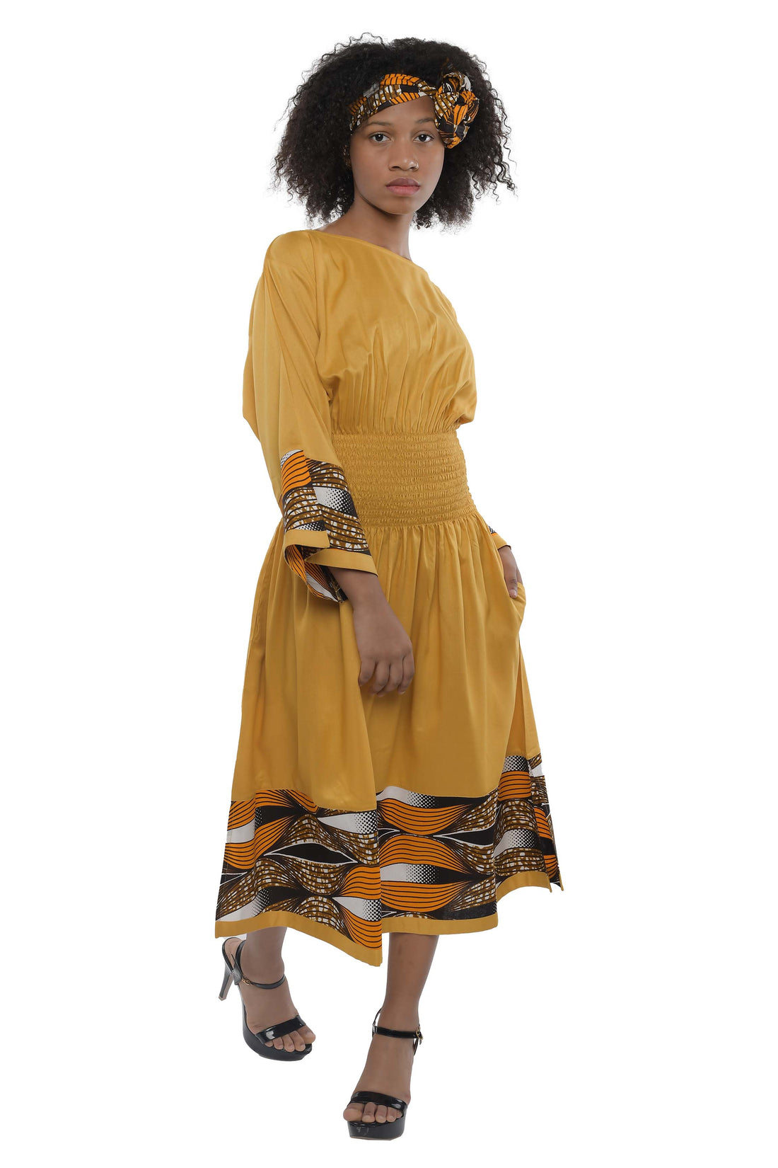 African Trim Mustard Midi Dress
