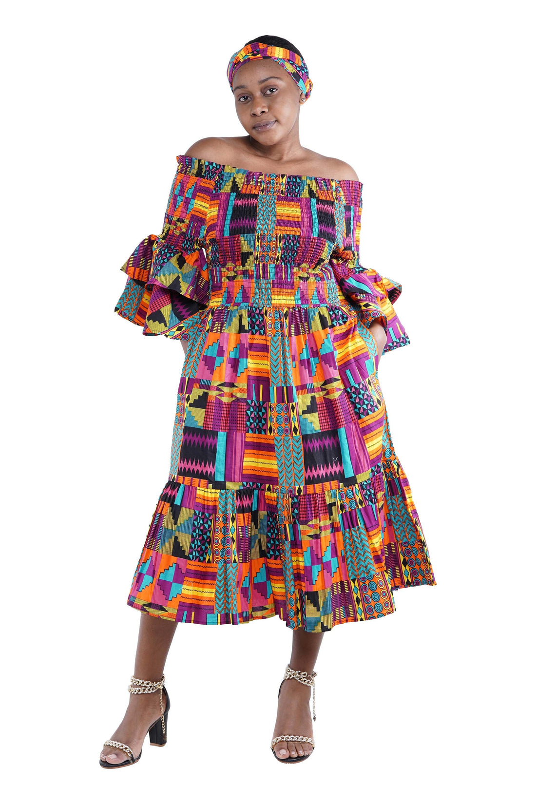 Ankara Midi Frill Neck Smoked Dress