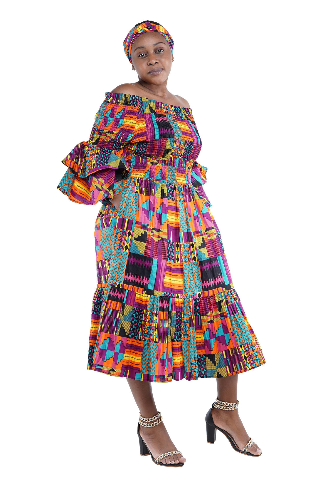 Ankara Midi Frill Neck Smoked Dress