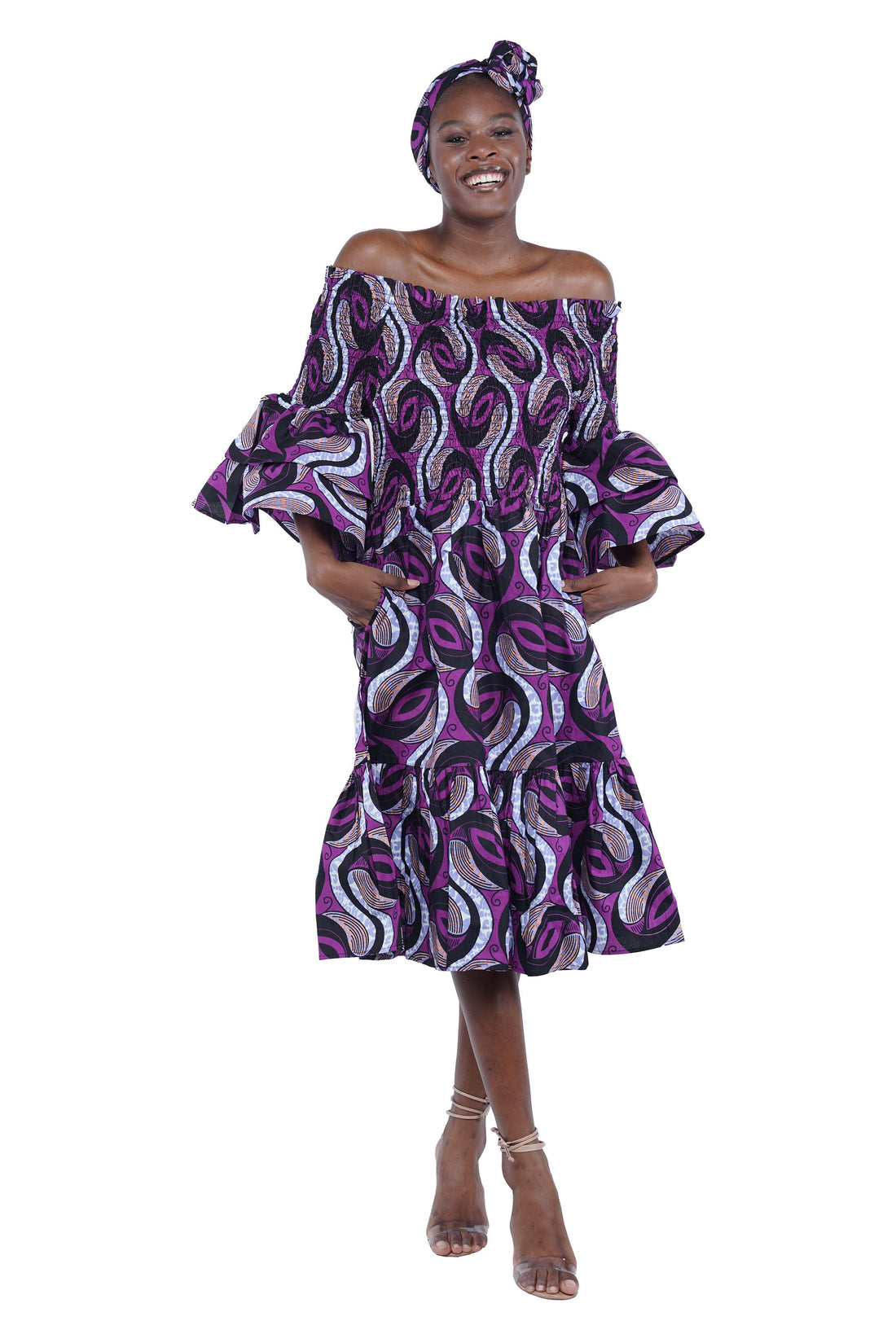 Ankara Midi Frill Neck Smoked Dress