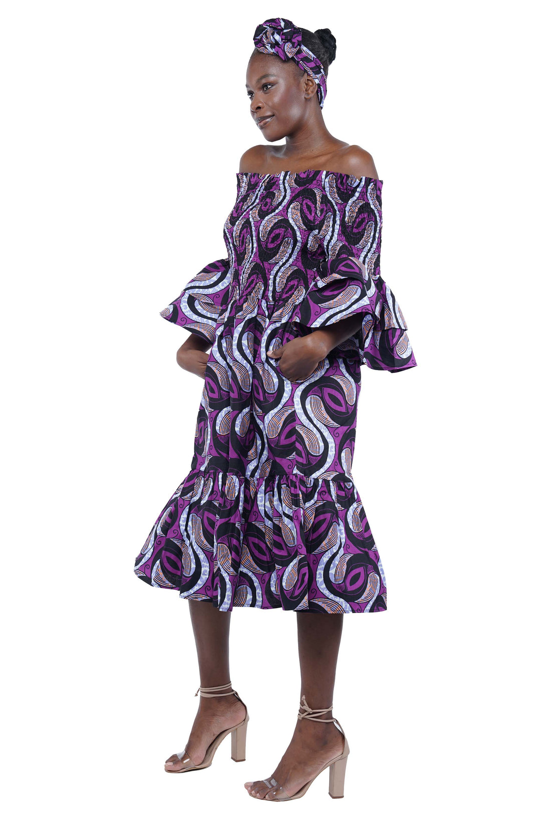 Ankara Midi Frill Neck Smoked Dress