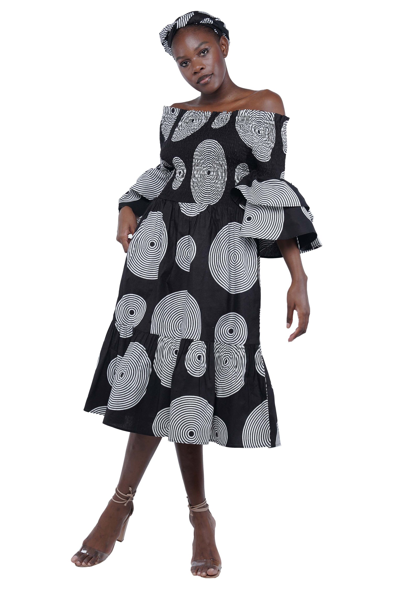 Ankara Midi Frill Neck Smoked Dress