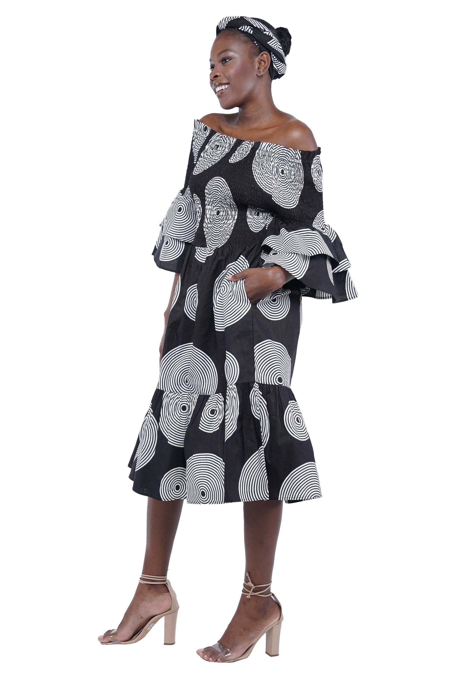 Ankara Midi Frill Neck Smoked Dress