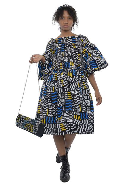 Ankara Short Smocked Dress With Beaded Handbag