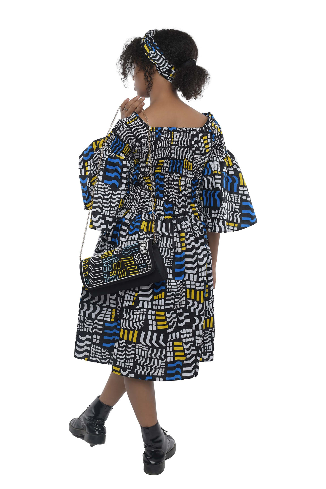 Ankara Short Smocked Dress With Beaded Handbag