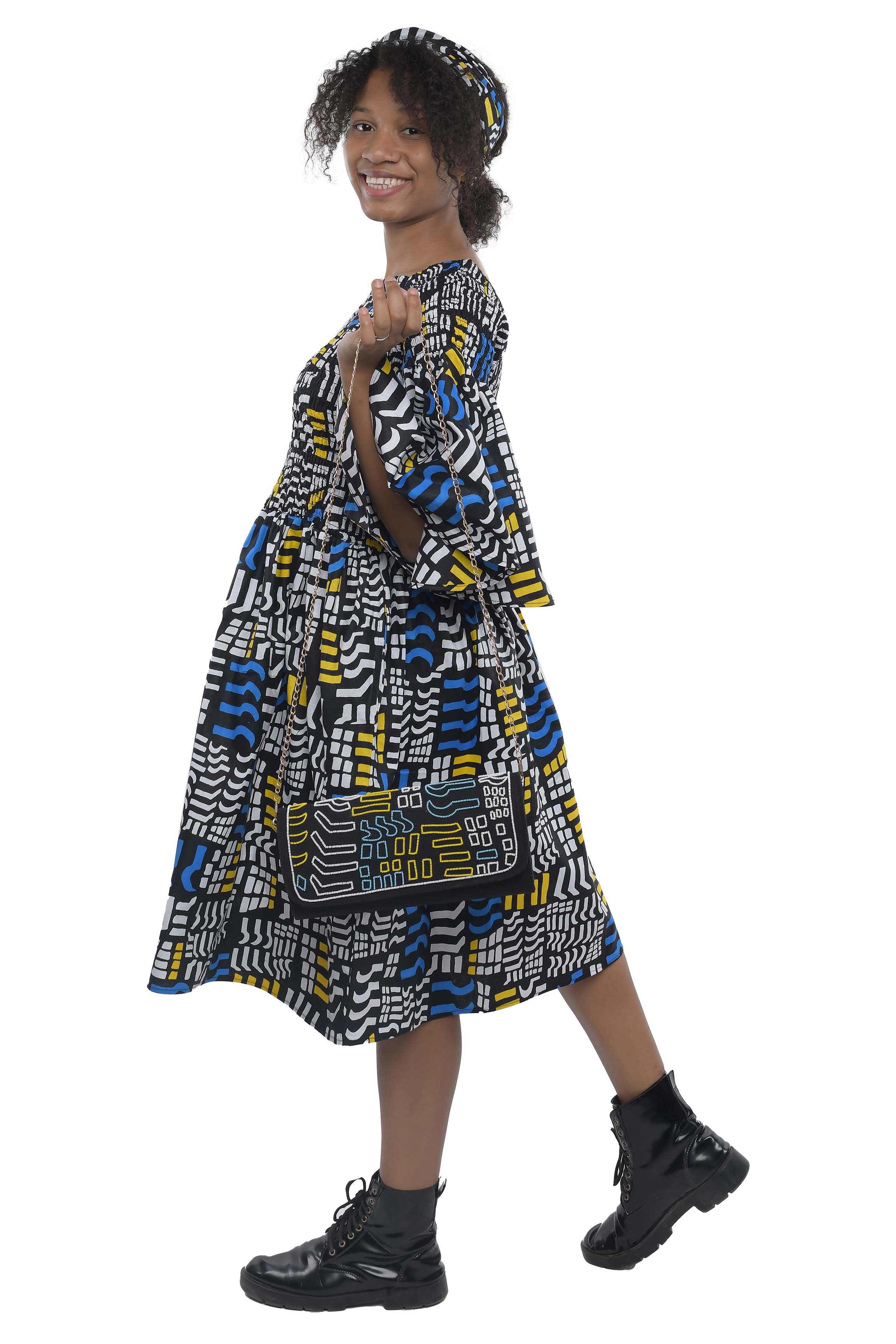 Ankara Short Smocked Dress With Beaded Handbag