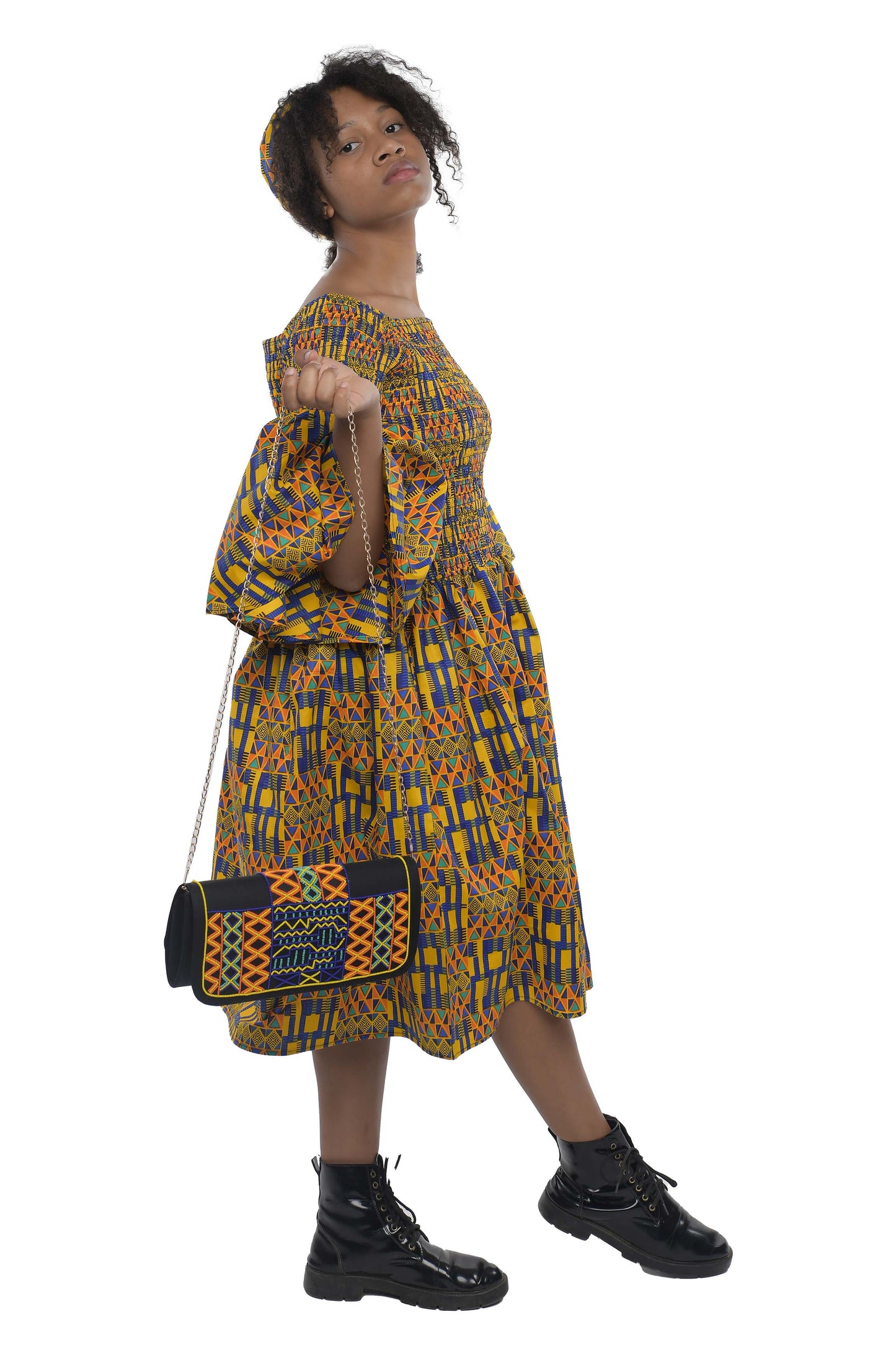 Ankara Short Smocked Dress With Beaded Handbag