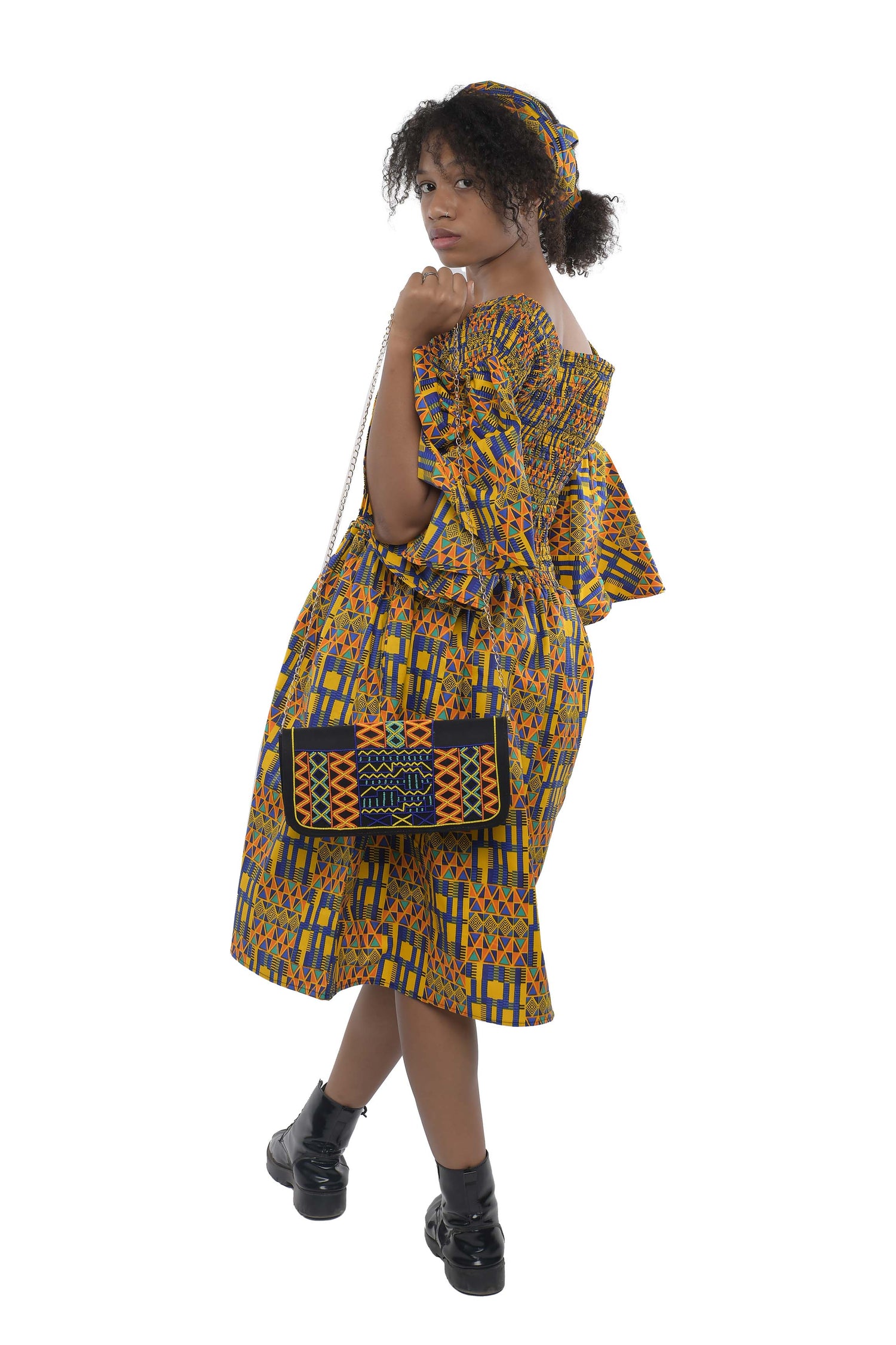 Ankara Short Smocked Dress With Beaded Handbag