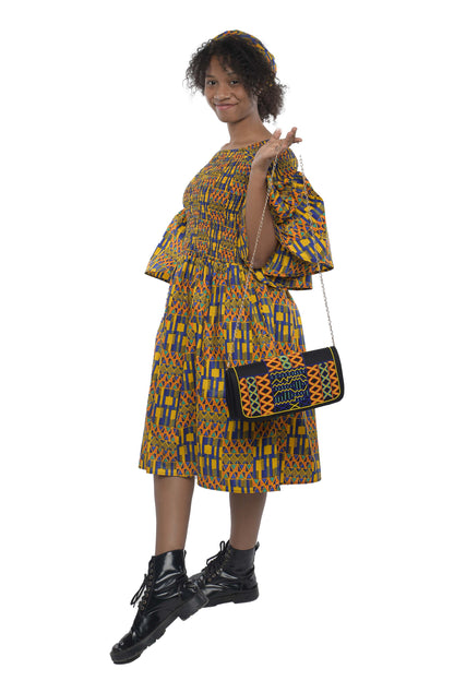 Ankara Short Smocked Dress With Beaded Handbag