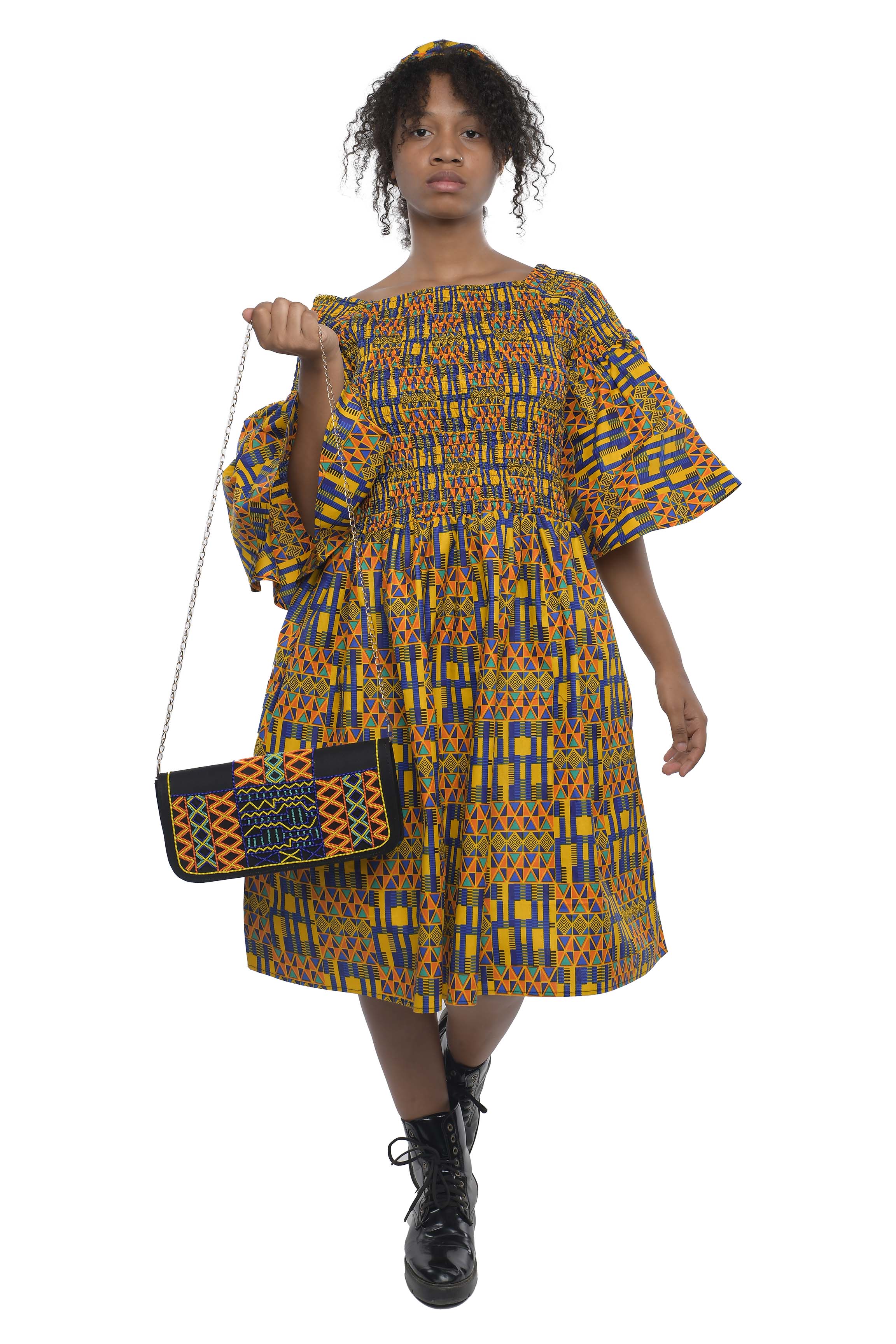 Ankara Short Smocked Dress With Beaded Handbag