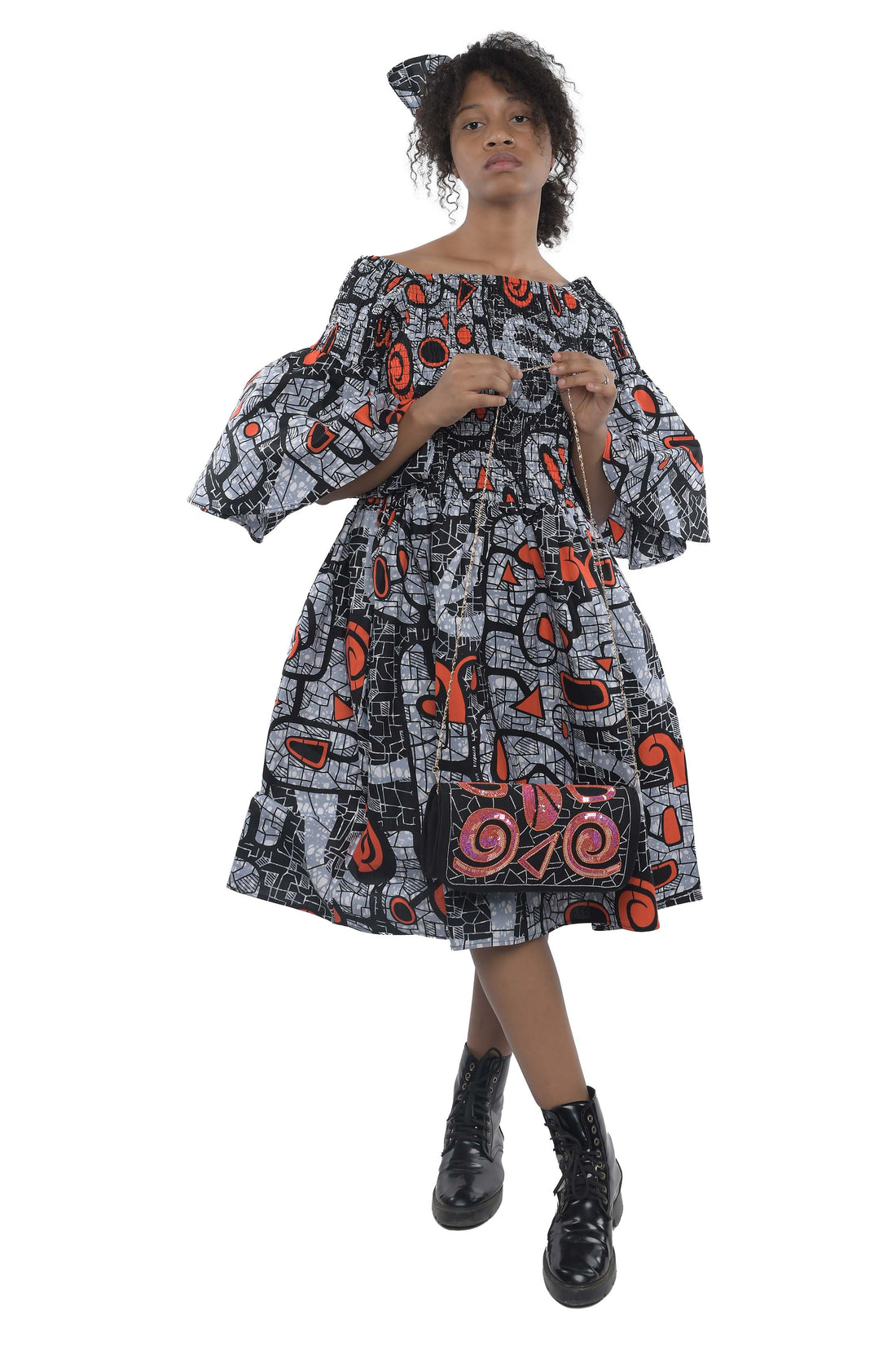 Ankara Short Smocked Dress With Beaded Handbag