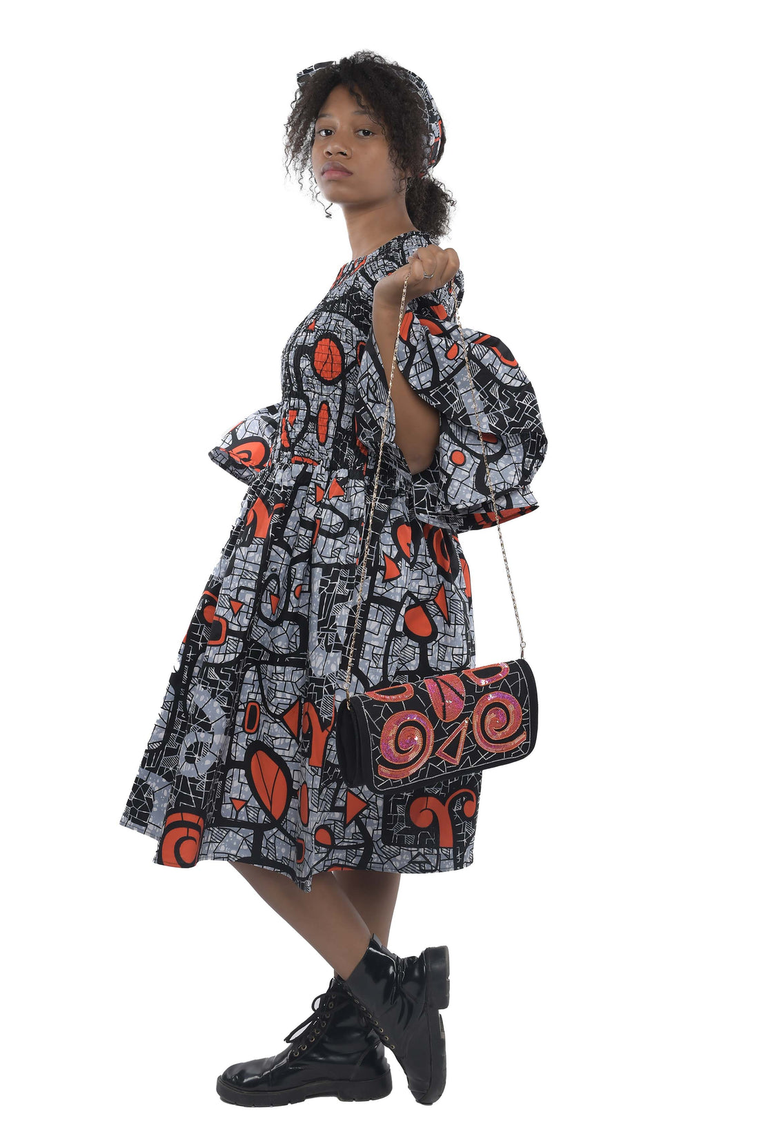 Ankara Short Smocked Dress With Beaded Handbag