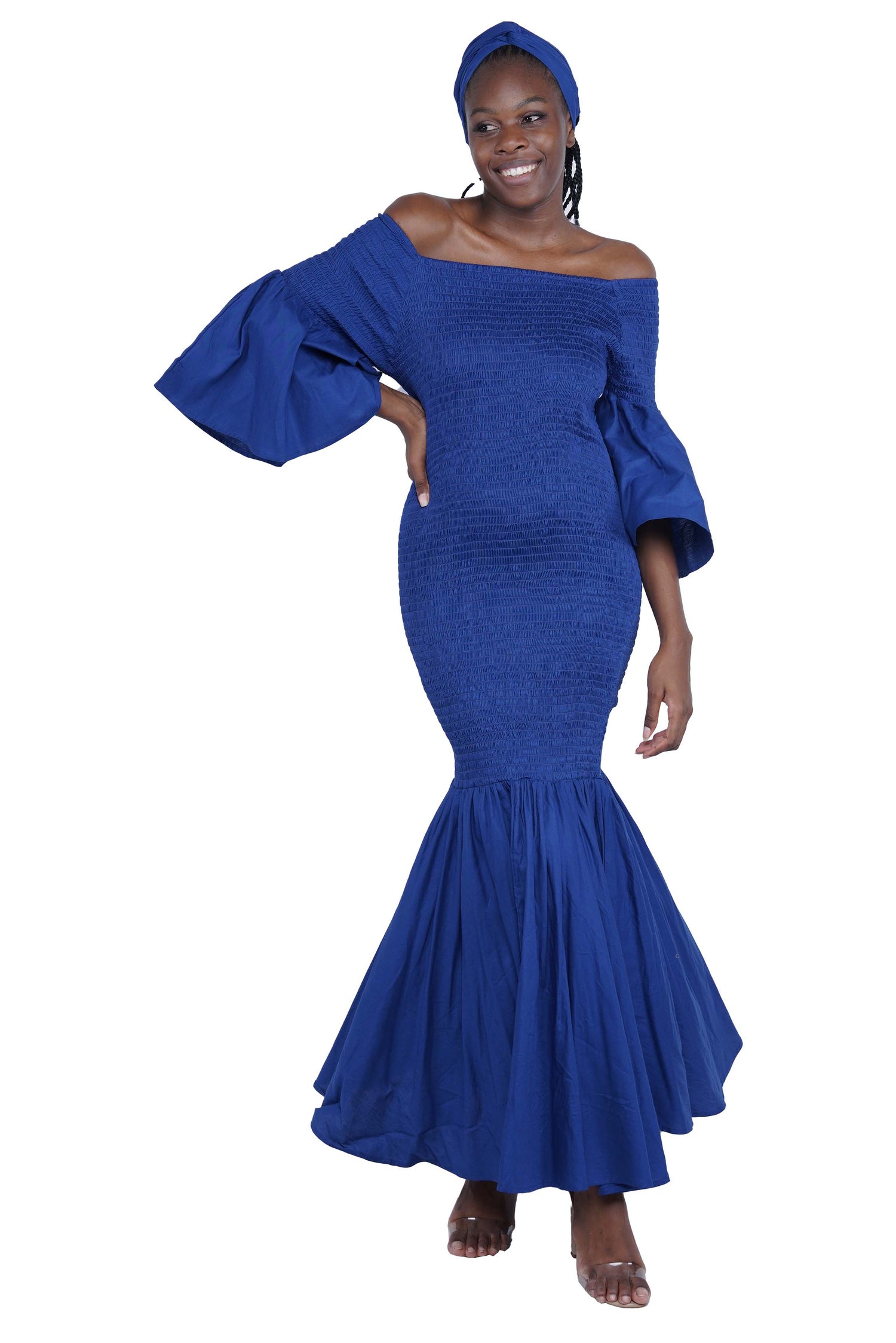Blue Long Smocked Mermaid/Fish Tail Dress Satsuma African Clothing Blue Long Smocked Mermaid/Fish Tail Dress Satsuma African Clothing