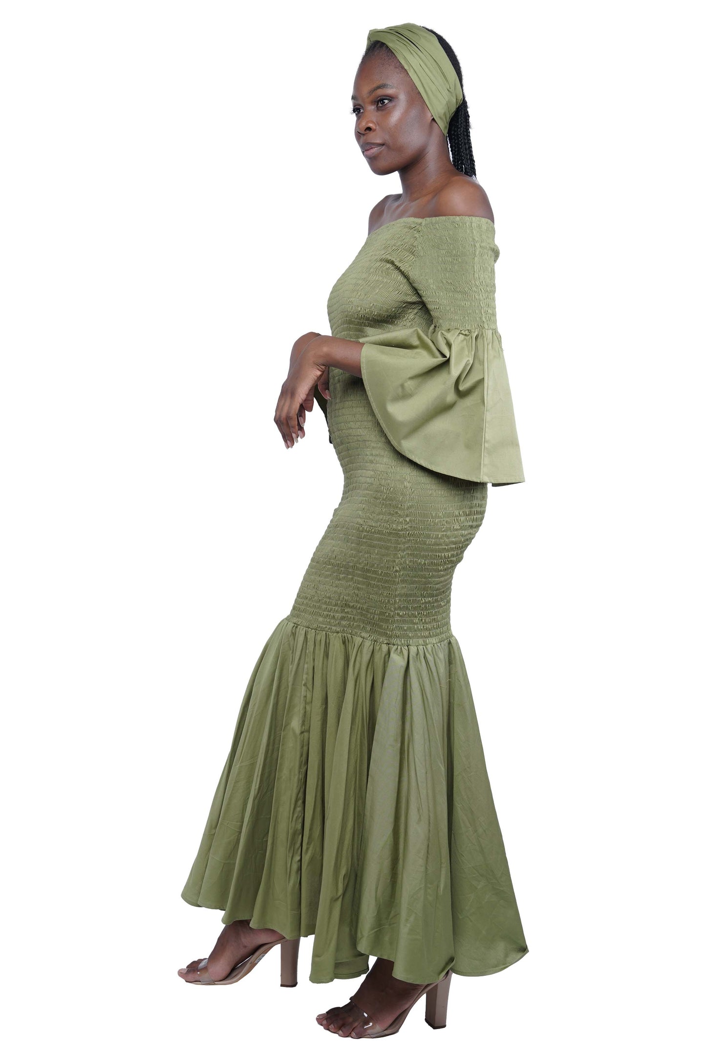 Olive Long Smocked Mermaid/Fish Tail Dress