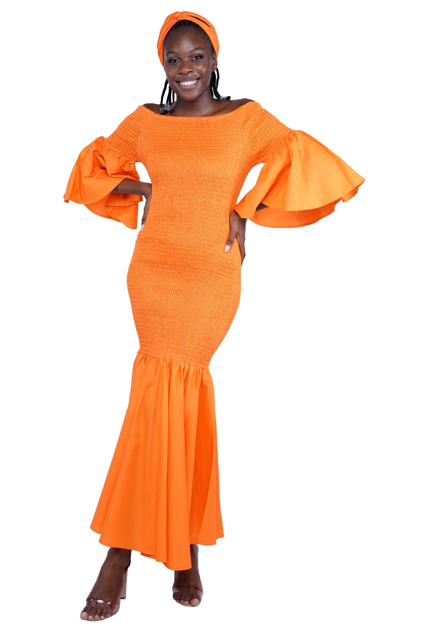 Orange Long Smocked Mermaid/Fish Tail Dress