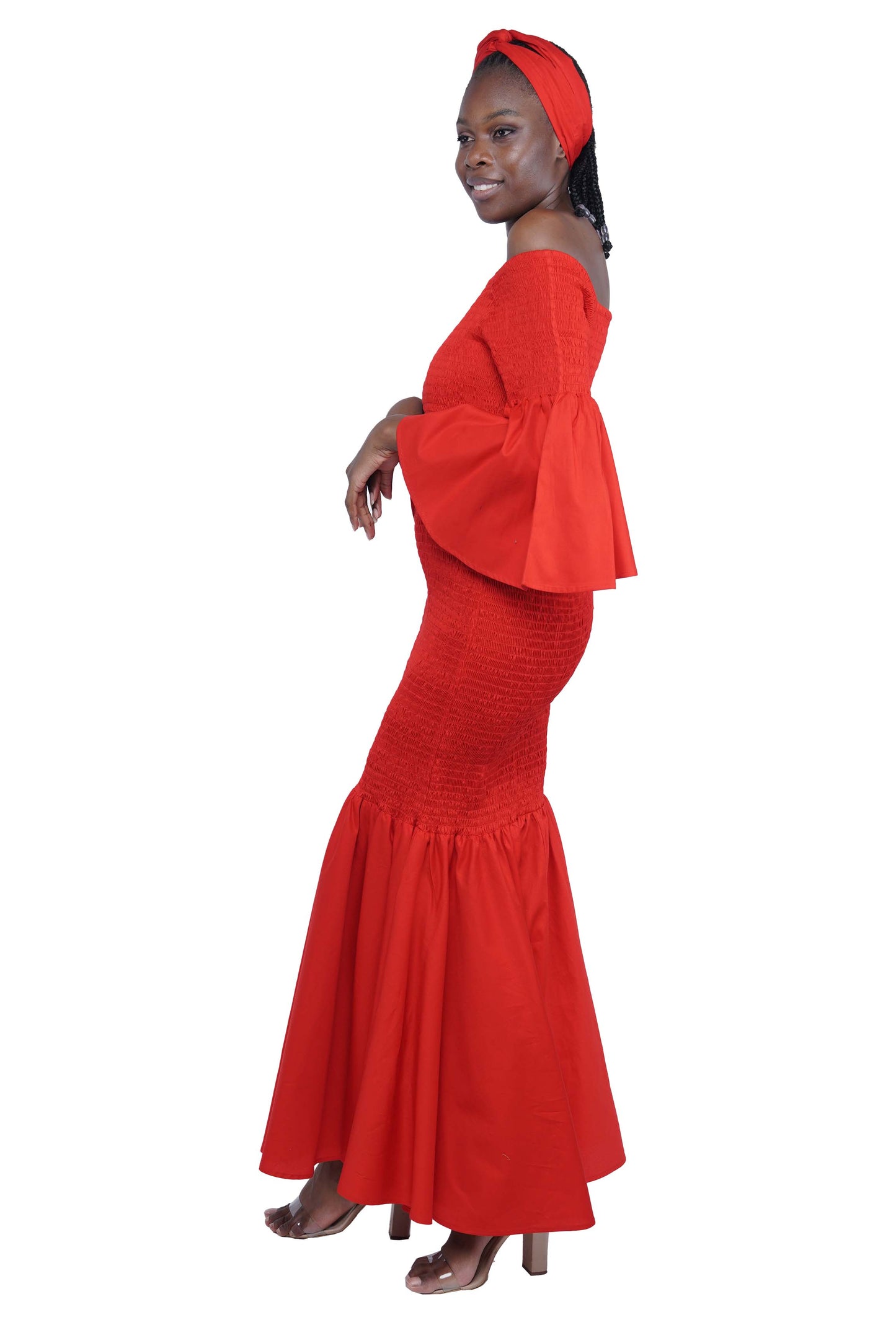 Red Long Smocked Mermaid/Fish Tail Dress