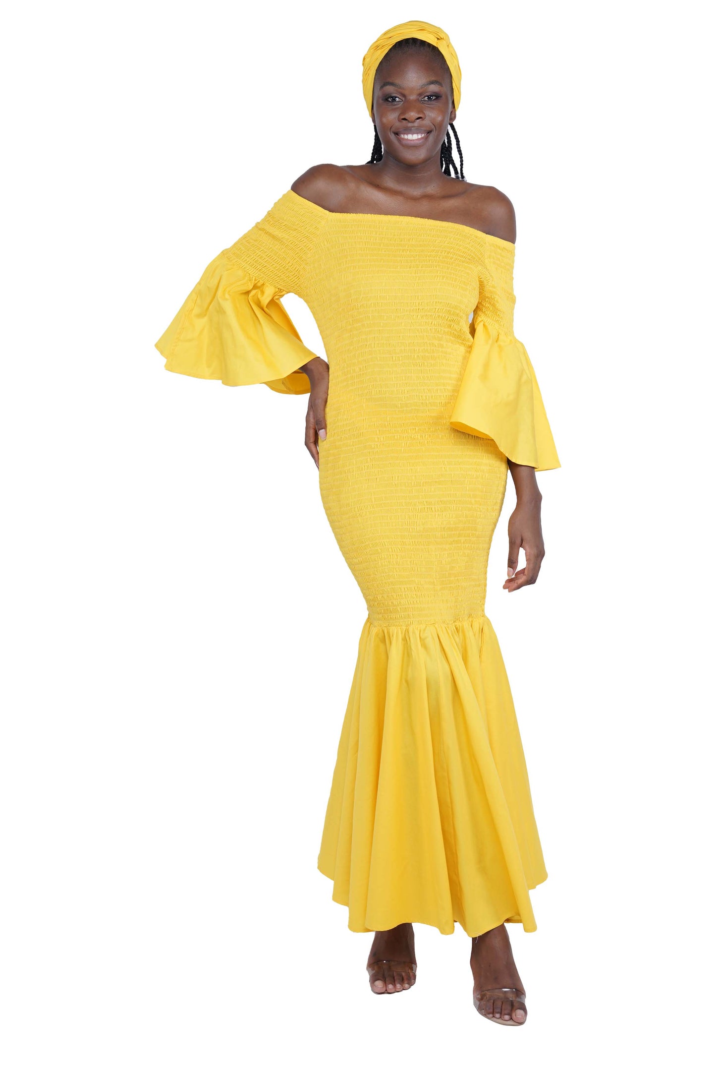 Yellow Long Smocked Mermaid/Fish Tail Dress