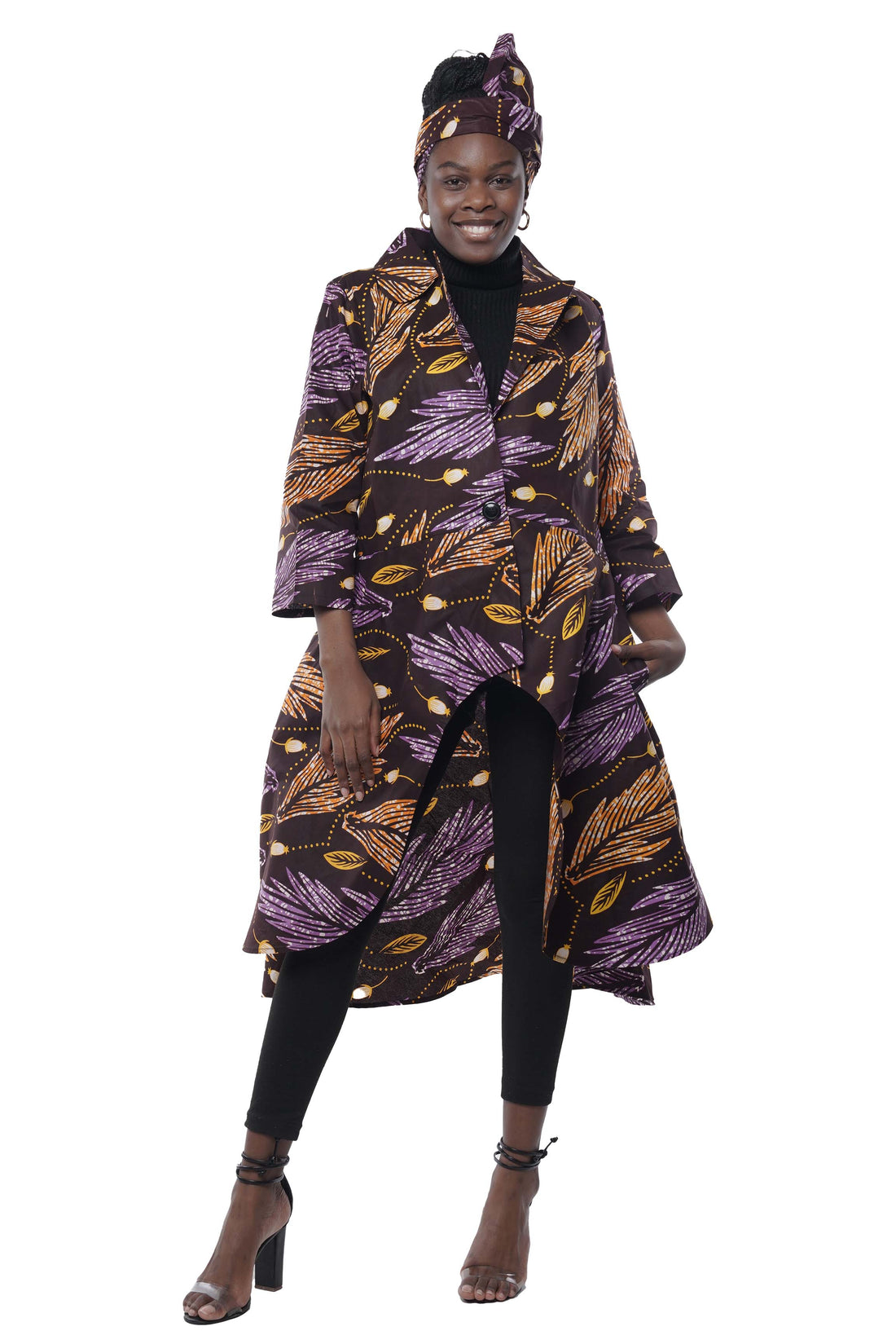 African High Low Jacket Trench Coat Kimono Duster 100% Cotton with Belt &amp; Wrap