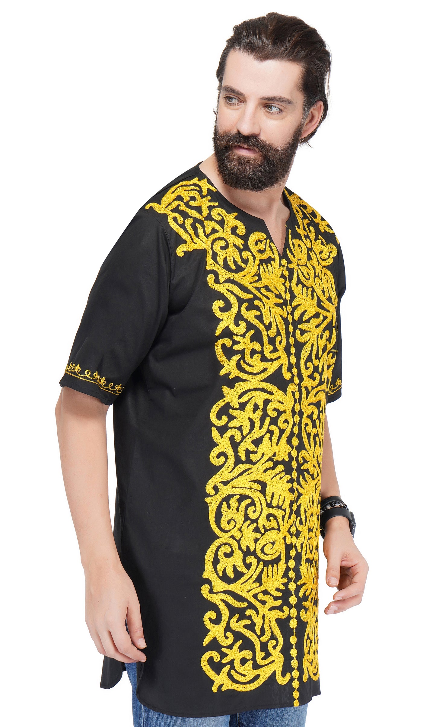 Black Gold Embroidered Long Dashiki Shirt For Men