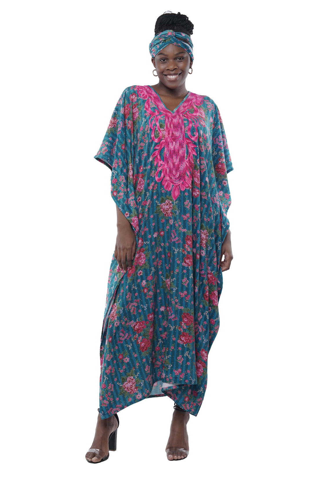 Embroidered velvet Printed kaftan with matching headwrap