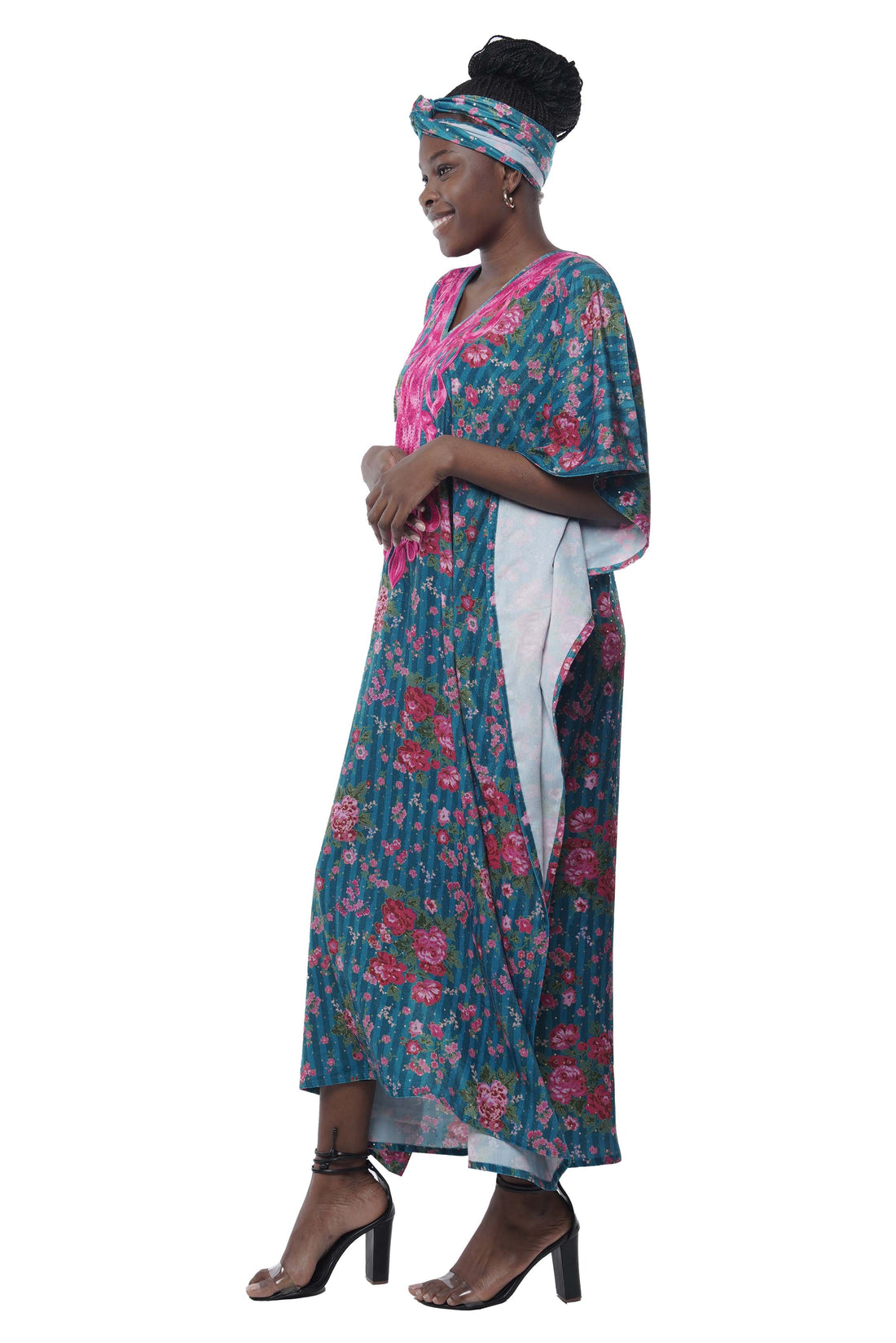 Embroidered velvet Printed kaftan with matching headwrap