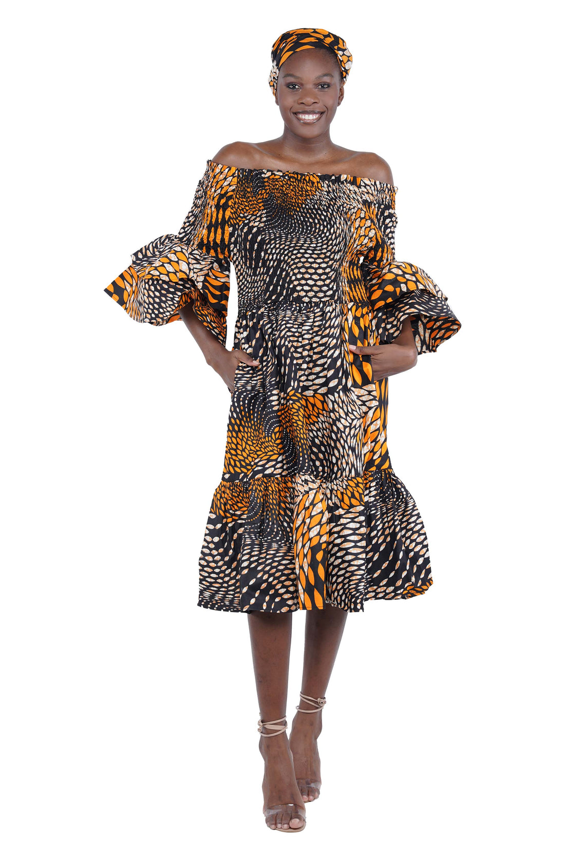 Ankara Midi Frill Neck Smoked Dress