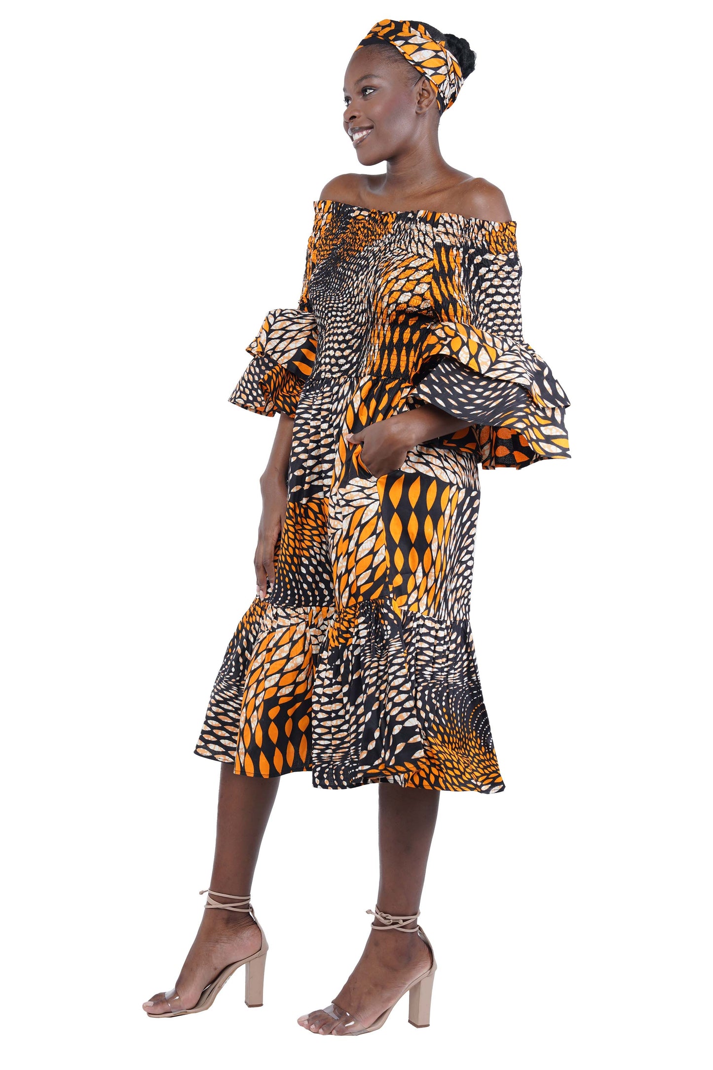 Ankara Midi Frill Neck Smoked Dress