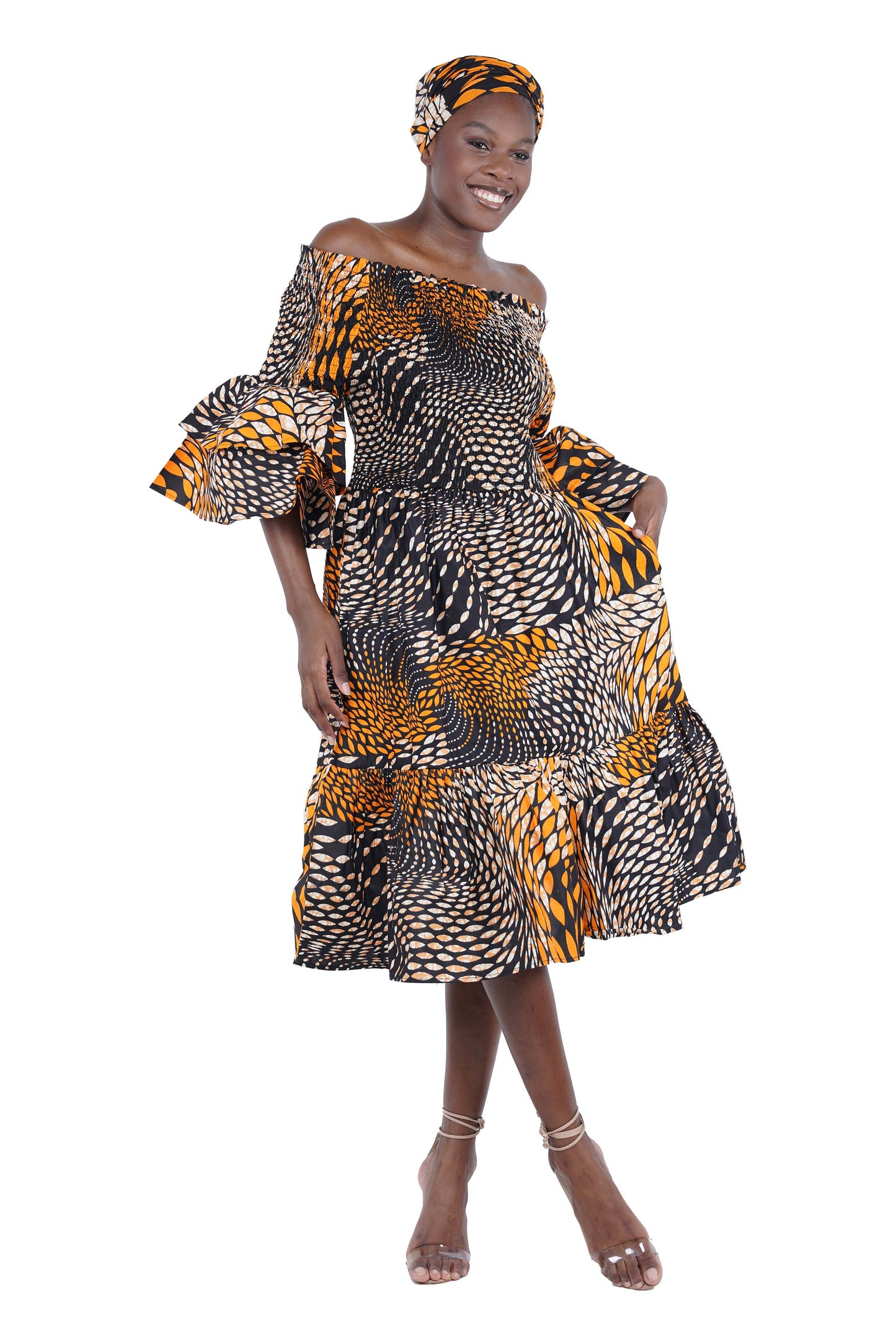 Ankara Midi Frill Neck Smoked Dress