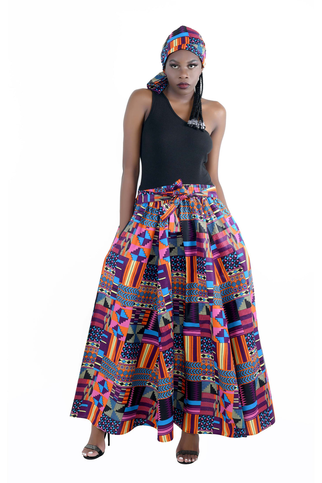 African Long Maxi Skirt 100% Cotton w/ Pockets & Headwrap One Size 41” Length