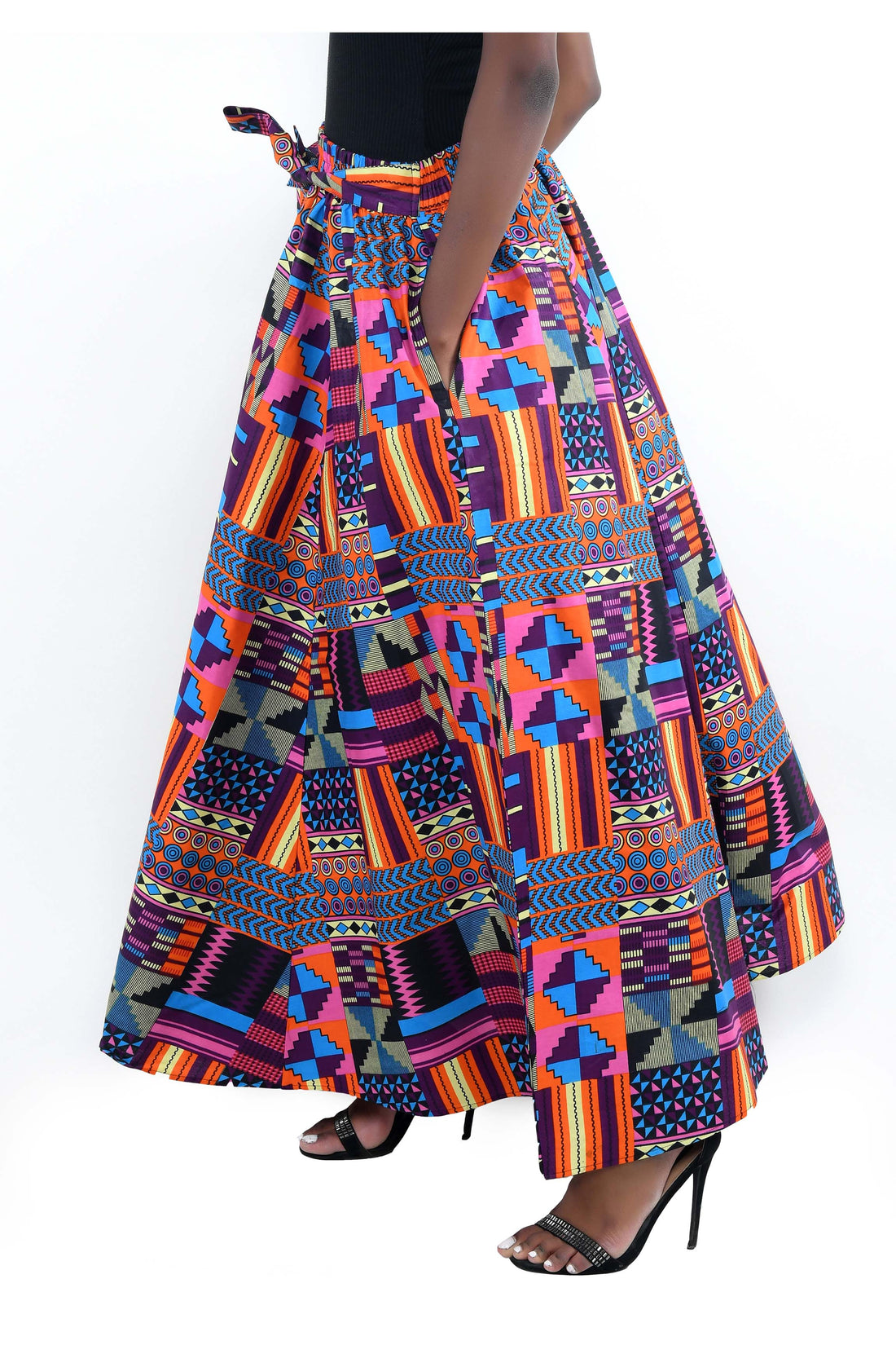 African Long Maxi Skirt 100% Cotton w/ Pockets & Headwrap One Size 41” Length