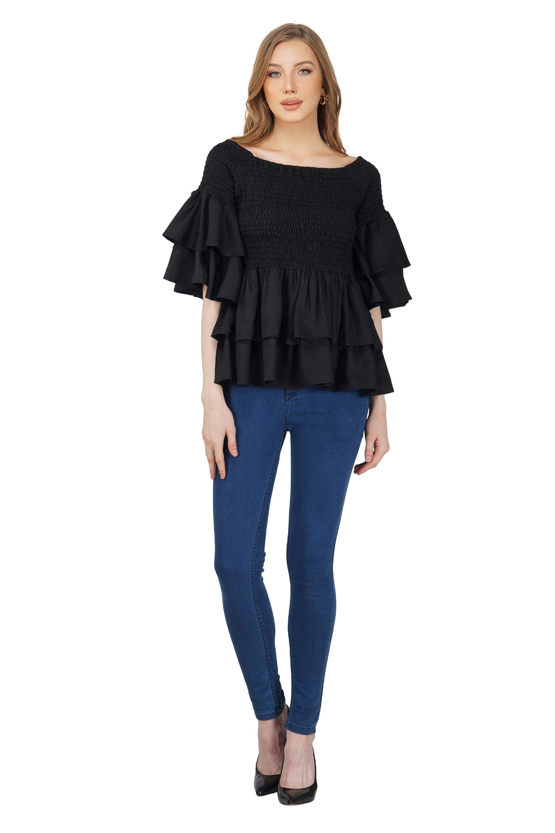 Black Smocked Off Shoulder Blouse, Double Layer Attire, 100% Cotton