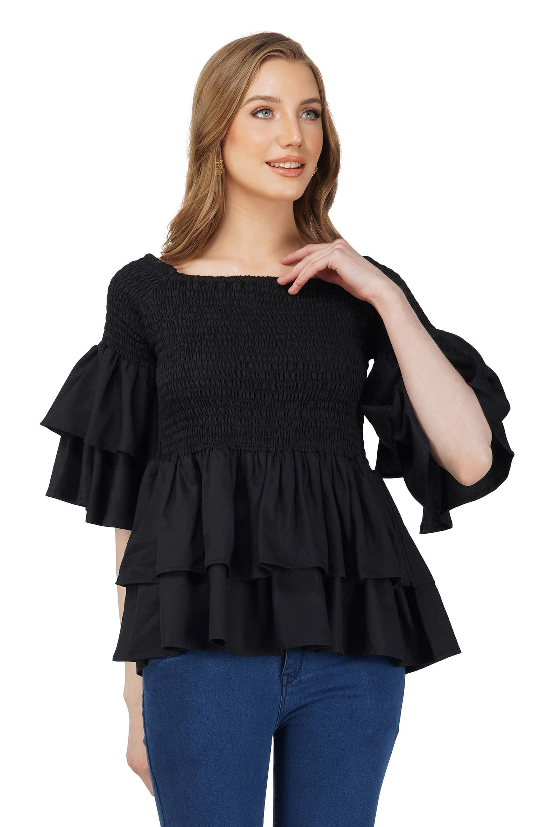 Black Smocked Off Shoulder Blouse, Double Layer Attire, 100% Cotton