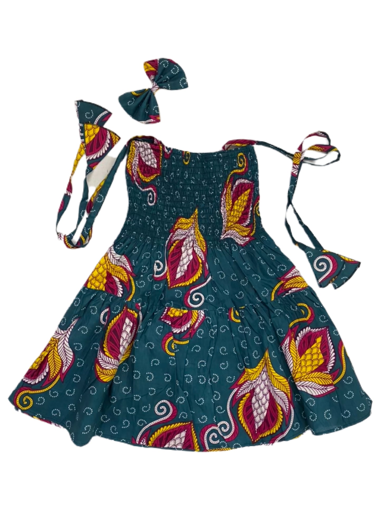 Girls Printed Fit and Flare Dress With Hair Bow
