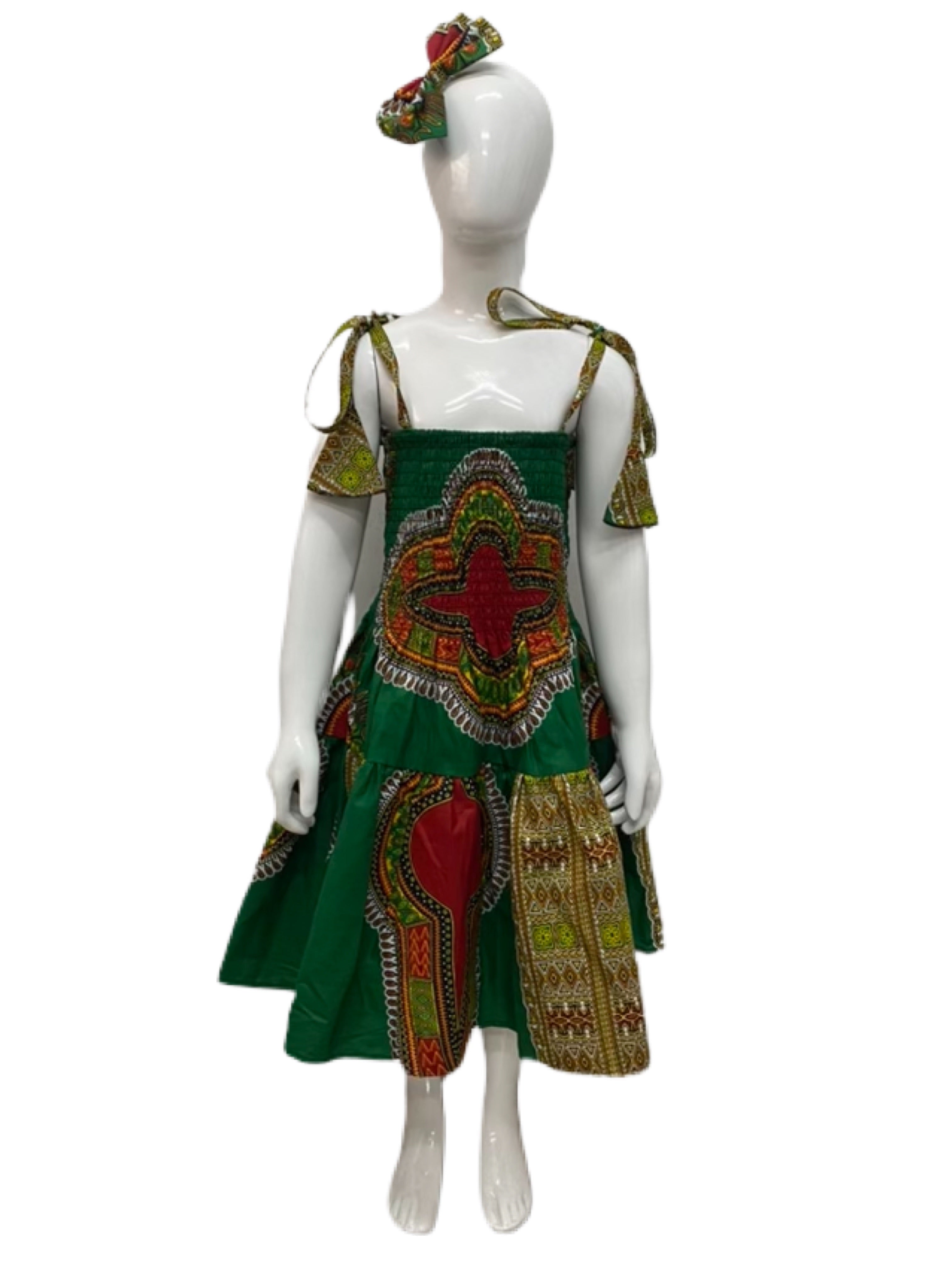 Dashiki Girls Printed Fit and Flare Dress With Hair Bow