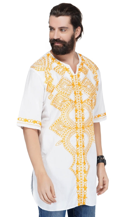 White Gold Embroidered Long Dashiki Shirt For Men