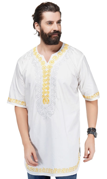 White Gold Embroidered Long Dashiki Shirt For Men