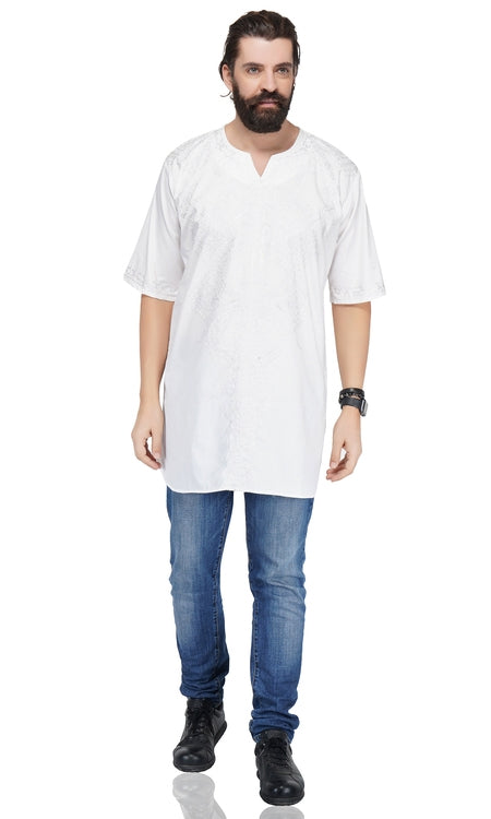 White Embroidered Long Dashiki Shirt For Men