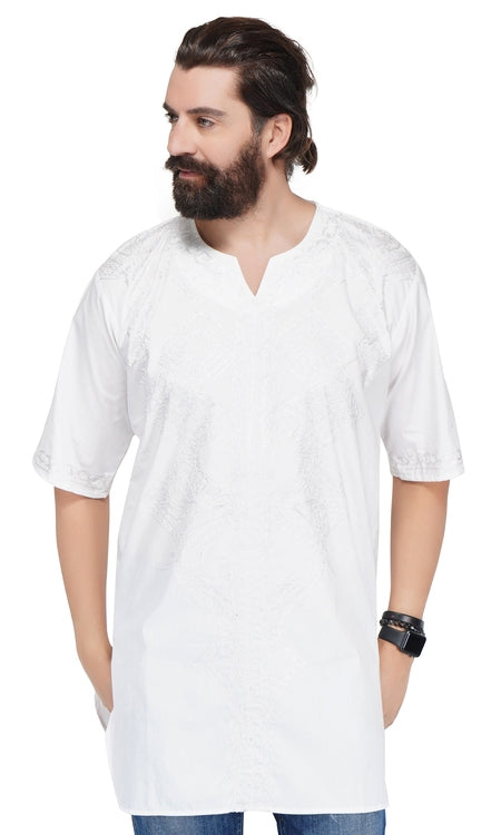 White Embroidered Long Dashiki Shirt For Men