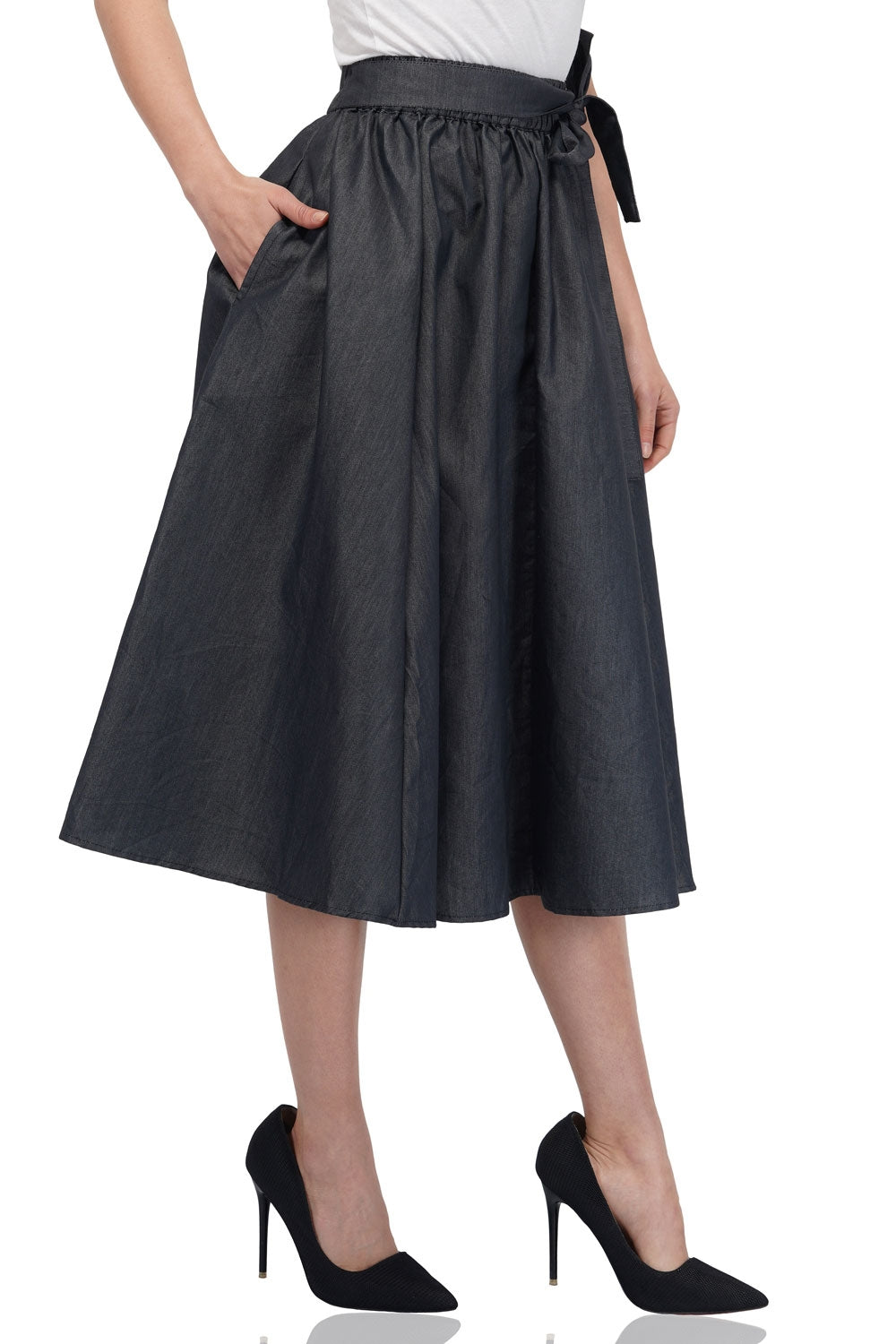 Smoke Grey Denim Midi Skirt